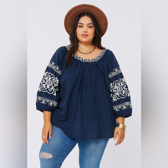 Tommy Hilfiger Navy Embroidered Peasant Boho Top XL NWOT 2X - Picture 4 of 7